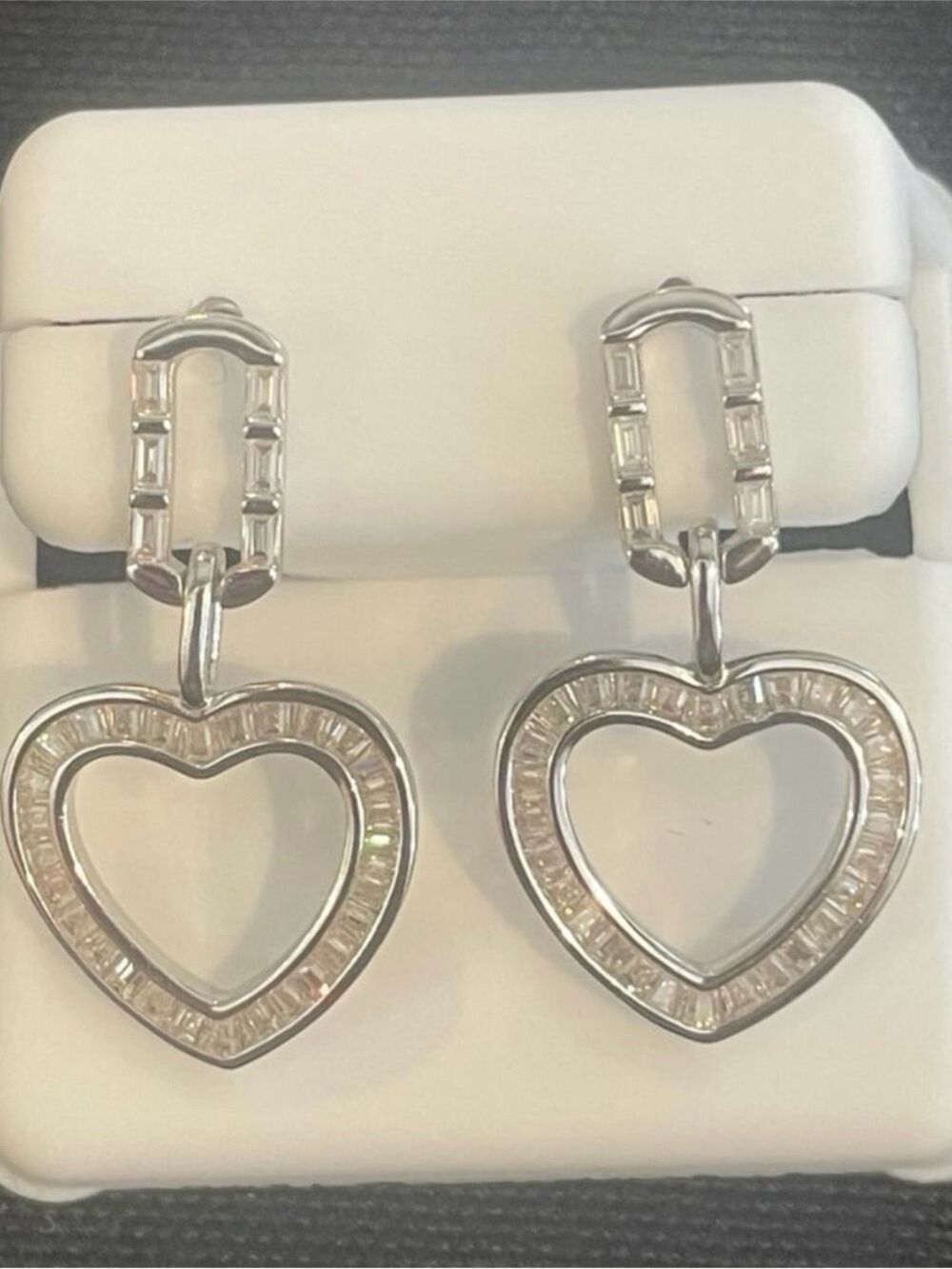 Silver Heart Drop Earrings with Baguette Accents 925 Sterling Silver 2.00ctw Moi